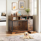 48Farmhouse Meuble Caisse pour Chien avec Gamelle Rétractable et Tiroirs de Rangement, Meuble Niche Robuste pour Chiens de Petite et Moyenne Taille, Utilisation Intérieure