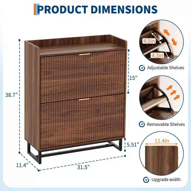 Meuble à chaussures Garvee avec 2 tiroirs basculants, meuble de rangement étroit en bois cannelé dissimulé pour entrée, Noyer