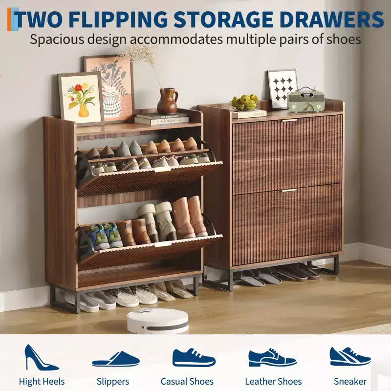 Meuble à chaussures Garvee avec 2 tiroirs basculants, meuble de rangement étroit en bois cannelé dissimulé pour entrée, Noyer