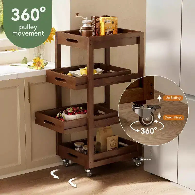 Chariot de rangement en bois massif Lantine, chariot de cuisine mobile mince à roulettes à 4 niveaux pour petits espaces, salon, salle à manger, buanderie, noyer