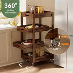 Chariot de rangement en bois massif Lantine, chariot de cuisine mobile mince à roulettes à 4 niveaux pour petits espaces, salon, salle à manger, buanderie, noyer