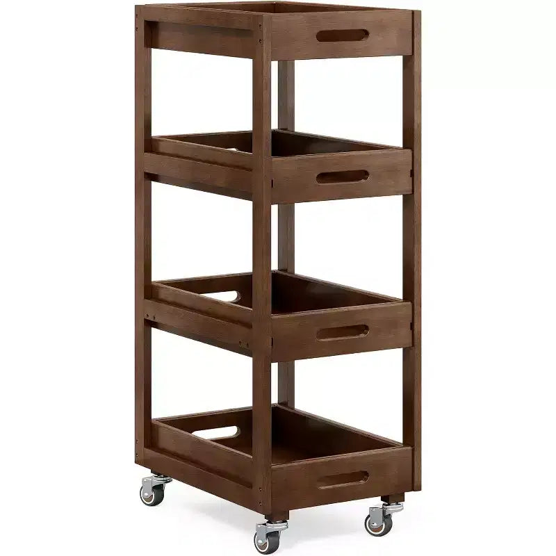 Chariot de rangement en bois massif Lantine, chariot de cuisine mobile mince à roulettes à 4 niveaux pour petits espaces, salon, salle à manger, buanderie, noyer