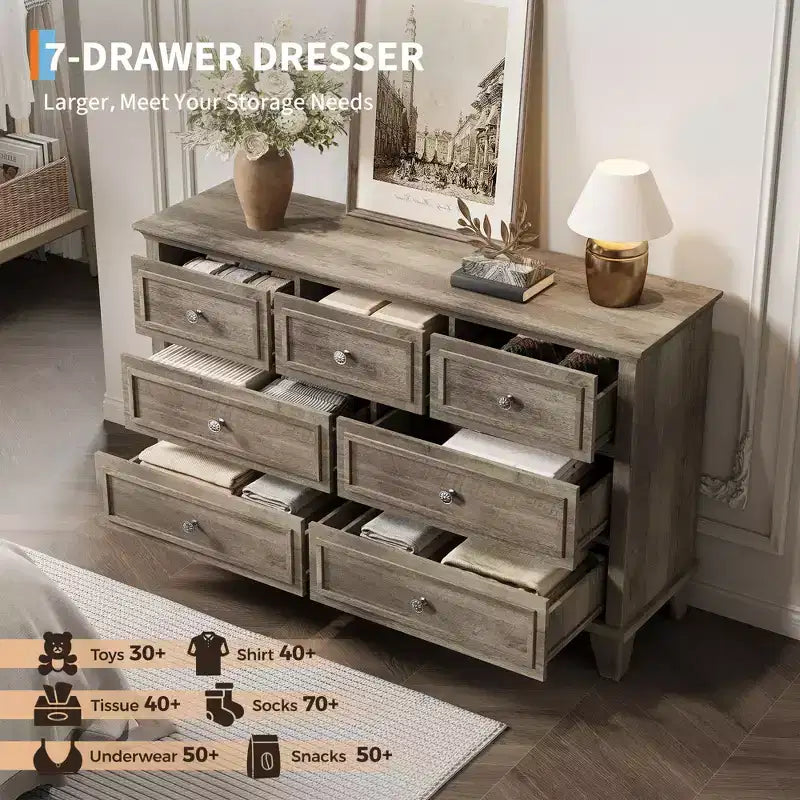Commode COZONY à 7 tiroirs, Grande commode en bois avec poignées en métal, Meuble de rangement/Meuble TV pour chambre à coucher, salon, entrée