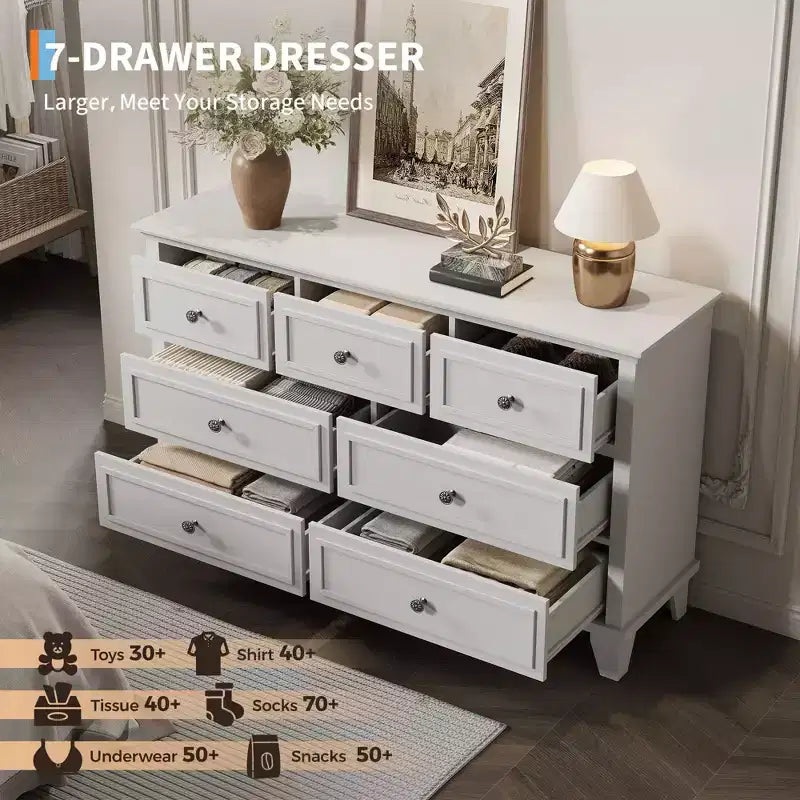 Commode COZONY à 7 tiroirs, Grande commode en bois avec poignées en métal, Meuble de rangement/Meuble TV pour chambre à coucher, salon, entrée
