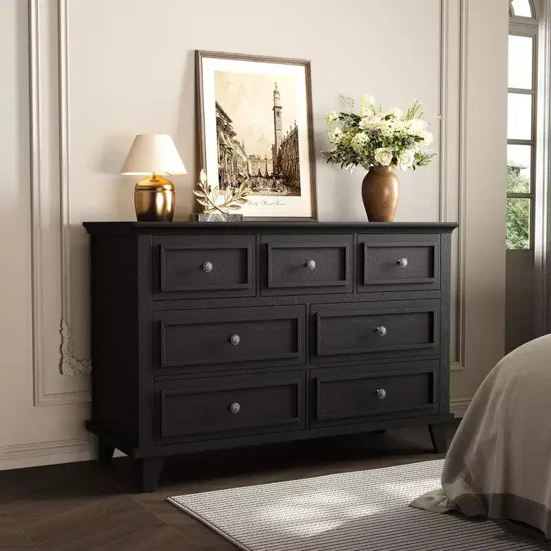 Commode COZONY à 7 tiroirs, Grande commode en bois avec poignées en métal, Meuble de rangement/Meuble TV pour chambre à coucher, salon, entrée