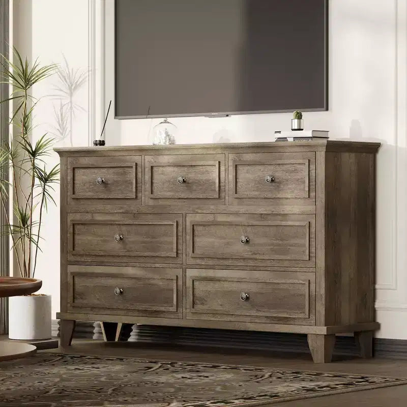 Commode COZONY à 7 tiroirs, Grande commode en bois avec poignées en métal, Meuble de rangement/Meuble TV pour chambre à coucher, salon, entrée