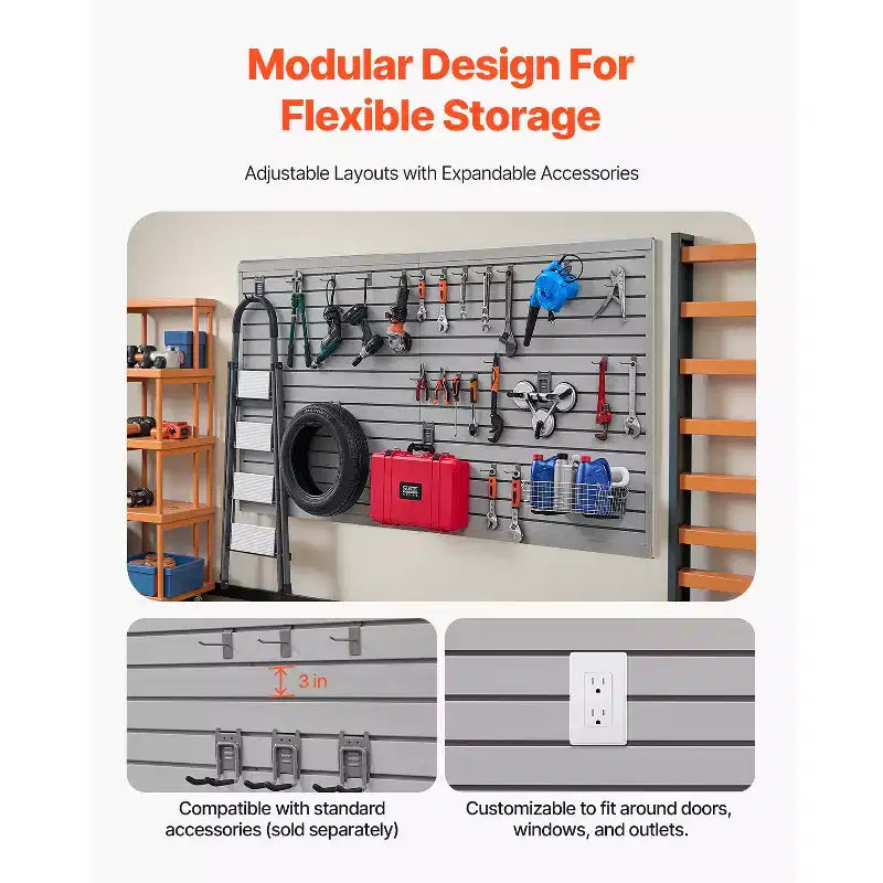 Panneaux muraux à lattes VEVOR, 2,4 x 1,2 m, lambris mural PVC pour garage avec conception modulaire, panneaux muraux à lattes gris faciles à installer et ajustables, gris