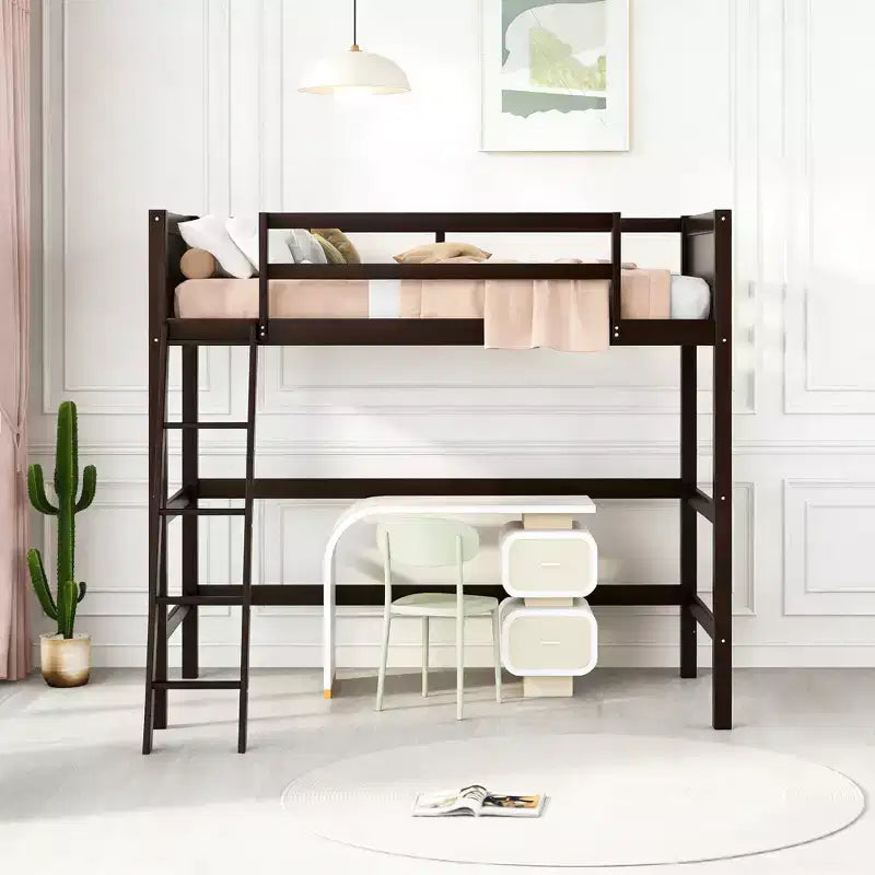 Lit mezzanine moderne en bois Luxystar, taille double, avec échelle inclinée