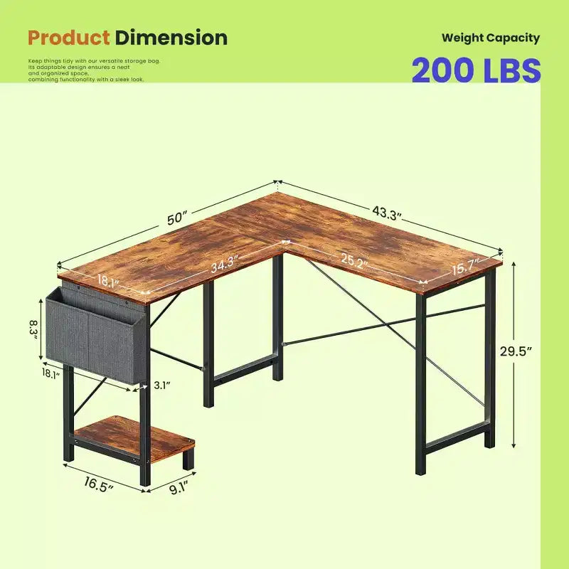 MAYEERTY Bureau d'angle en forme de L de 49 pouces, pour jeux, avec support d'unité centrale et sac latéral pour la maison, le bureau et le dortoir