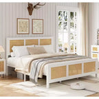 Cadre de lit moderne en rotin - Plateforme double et très grand lit avec tête de lit, design bohème, support à lattes métalliques, silencieux, rangement sous le lit