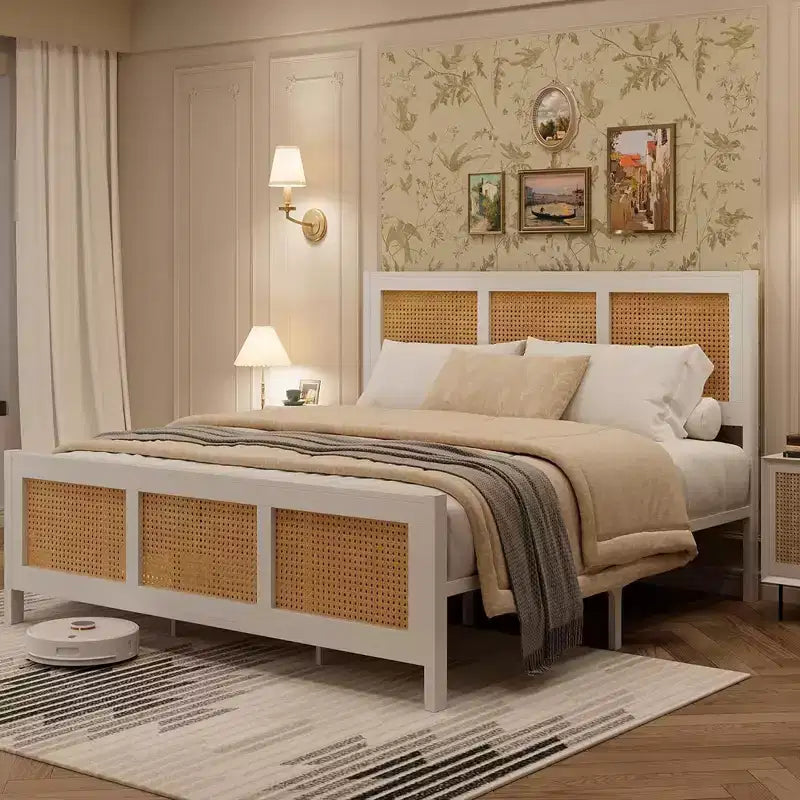 Cadre de lit moderne en rotin - Plateforme double et très grand lit avec tête de lit, design bohème, support à lattes métalliques, silencieux, rangement sous le lit