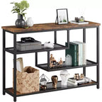 Rustic 4-Tier Side Table with Gray Glass Shelf, Narrow Console Table for Hallway, Bedroom, Living Room, or Entryway