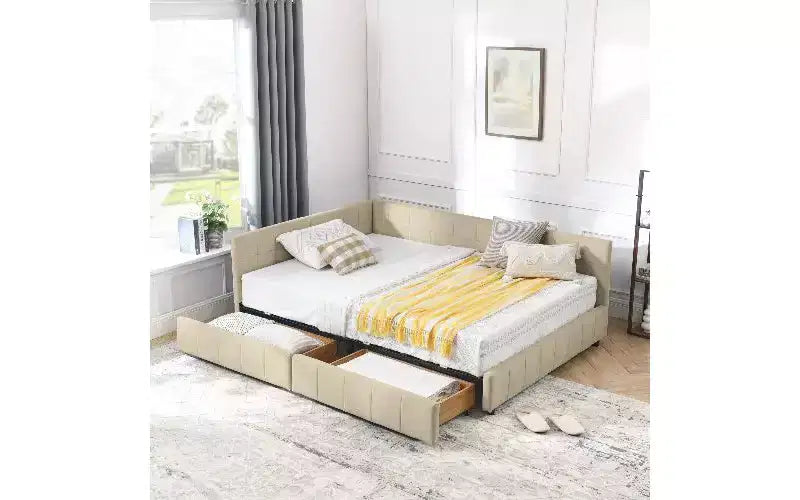 Lit de repos rembourré en velours TUYOHW Mid-Century avec 2 tiroirs, cadre de lit de rangement en bois d'eucalyptus, taille double, pour chambre et salon