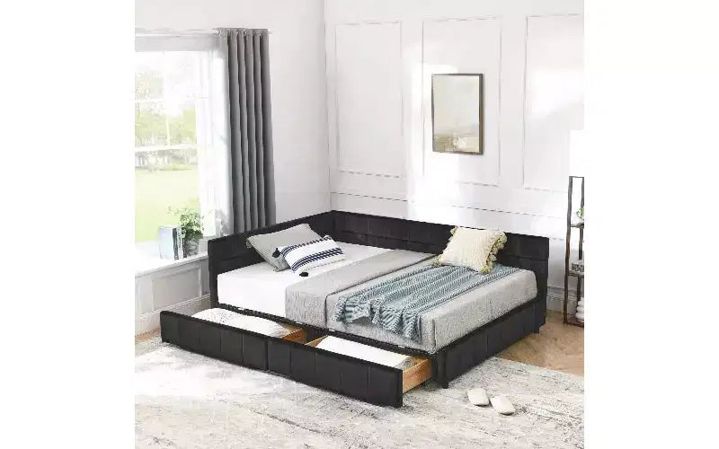 Lit de repos rembourré en velours TUYOHW Mid-Century avec 2 tiroirs, cadre de lit de rangement en bois d'eucalyptus, taille double, pour chambre et salon