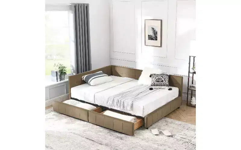 Lit de repos rembourré en velours TUYOHW Mid-Century avec 2 tiroirs, cadre de lit de rangement en bois d'eucalyptus, taille double, pour chambre et salon