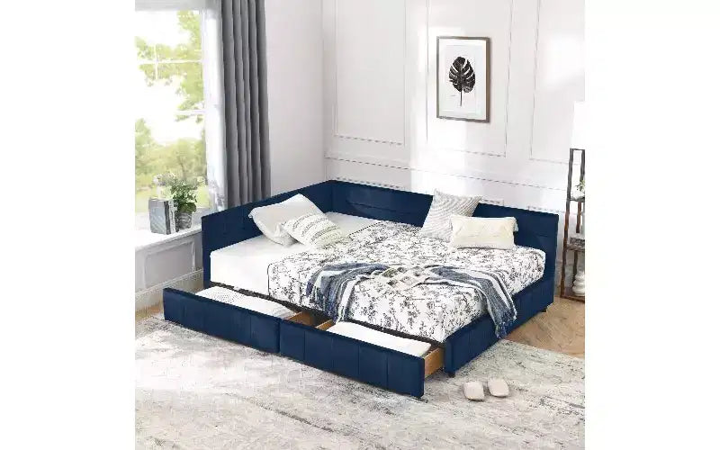 Lit de repos rembourré en velours TUYOHW Mid-Century avec 2 tiroirs, cadre de lit de rangement en bois d'eucalyptus, taille double, pour chambre et salon