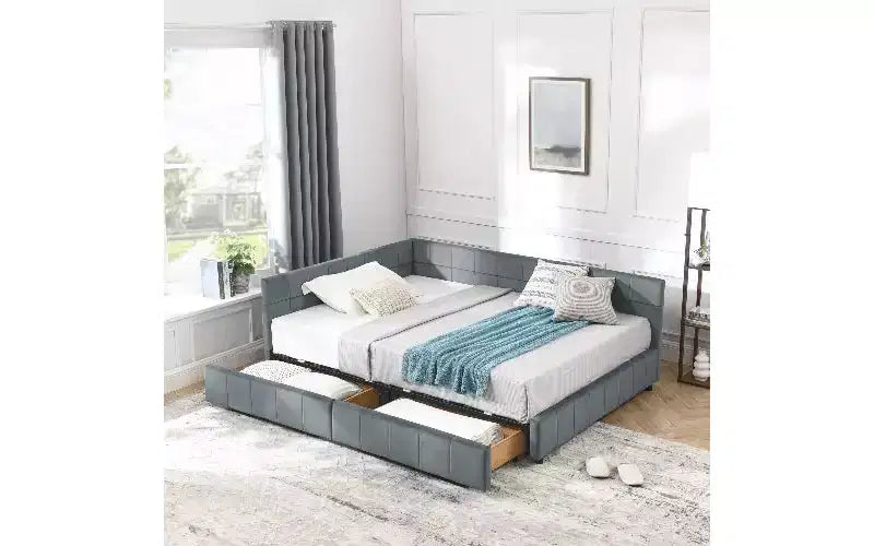 Lit de repos rembourré en velours TUYOHW Mid-Century avec 2 tiroirs, cadre de lit de rangement en bois d'eucalyptus, taille double, pour chambre et salon