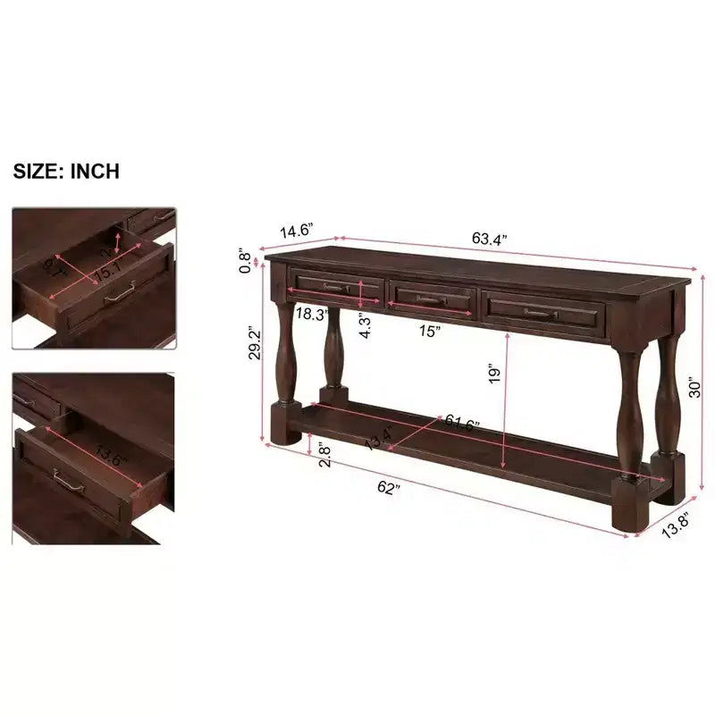 TUYOHW Table console en bois de 160 cm, table d'entrée avec 3 tiroirs et 1 étagère inférieure, table de canapé extra-épaisse pour entrée, couloir