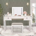 Okak Makeup Vanity with Padding Stool Set, Girls Vanity with Flip Up Mirror and 2 Drawers, Dressing Table for Living Room, Bedroom, White