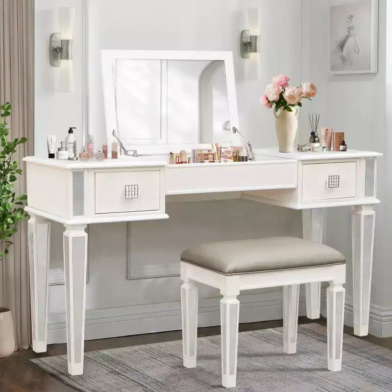 Coiffeuse Okak avec tabouret rembourré, coiffeuse pour filles avec miroir relevable et 2 tiroirs, table de maquillage pour salon, chambre à coucher, blanc