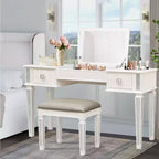 Coiffeuse Okak avec tabouret rembourré, coiffeuse pour filles avec miroir relevable et 2 tiroirs, table de maquillage pour salon, chambre à coucher, blanc
