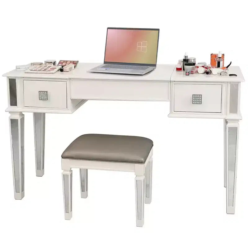 Coiffeuse Okak avec tabouret rembourré, coiffeuse pour filles avec miroir relevable et 2 tiroirs, table de maquillage pour salon, chambre à coucher, blanc