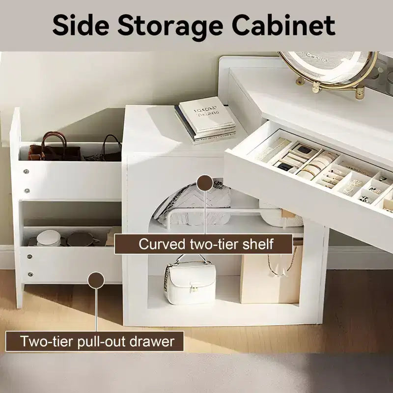 Coiffeuse de maquillage moderne Okak avec miroir pliant et tabouret, coiffeuse d'angle avec grand rangement, petite coiffeuse pour salon, dressing, blanc