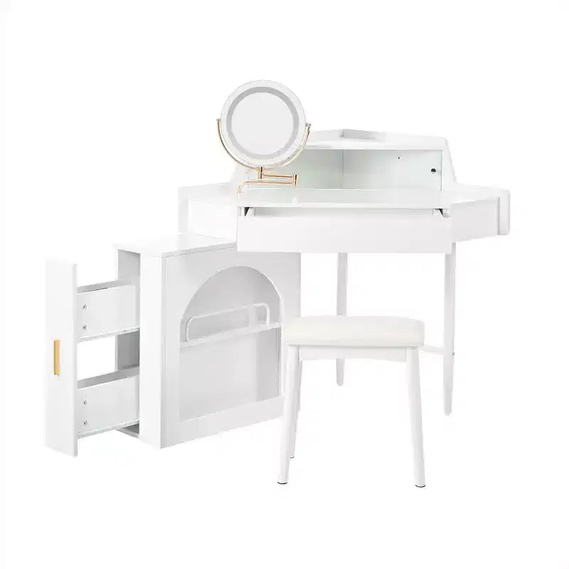 Coiffeuse de maquillage moderne Okak avec miroir pliant et tabouret, coiffeuse d'angle avec grand rangement, petite coiffeuse pour salon, dressing, blanc