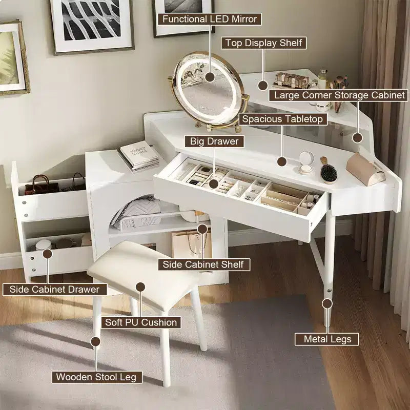 Coiffeuse de maquillage moderne Okak avec miroir pliant et tabouret, coiffeuse d'angle avec grand rangement, petite coiffeuse pour salon, dressing, blanc