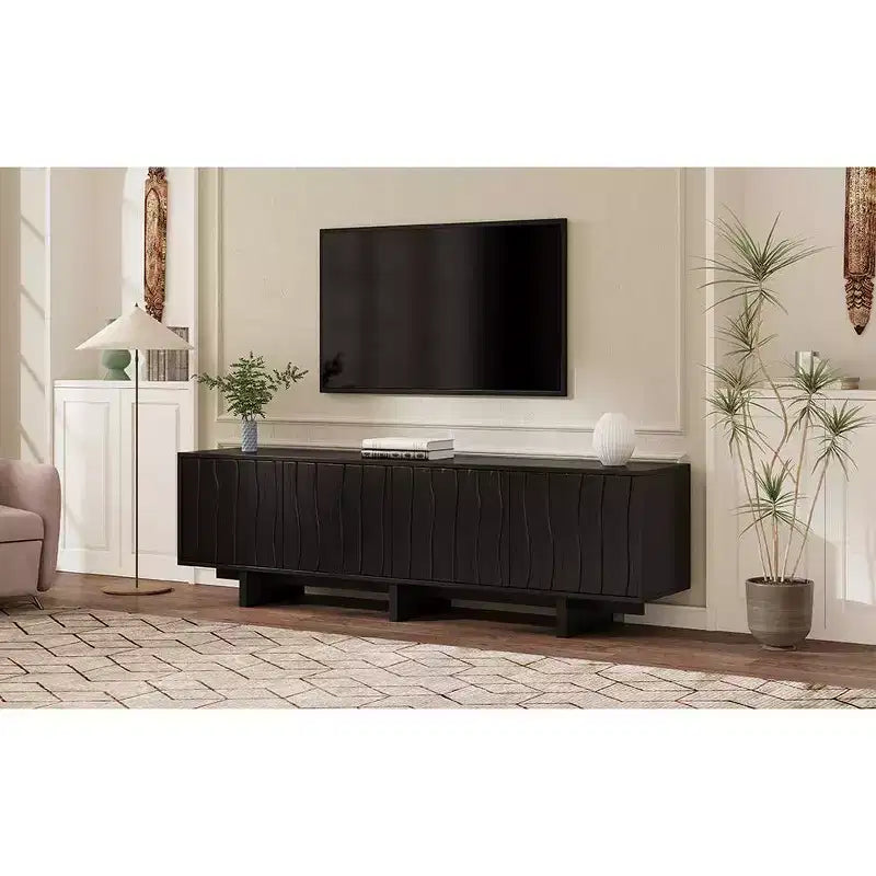 VIYET 69.6Meuble TV Rétro en Bois pour TV jusqu'à 75 pouces, Console Multimédia Rustique avec Portes Ondulées et Gestion des Câbles, Noir