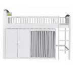 Lit mezzanine double/grand pour enfants avec armoire de rangement, armoire avec rideau et éclairage LED - ModernLuxe