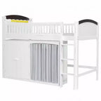 Lit mezzanine double/grand pour enfants avec armoire de rangement, armoire avec rideau et éclairage LED - ModernLuxe
