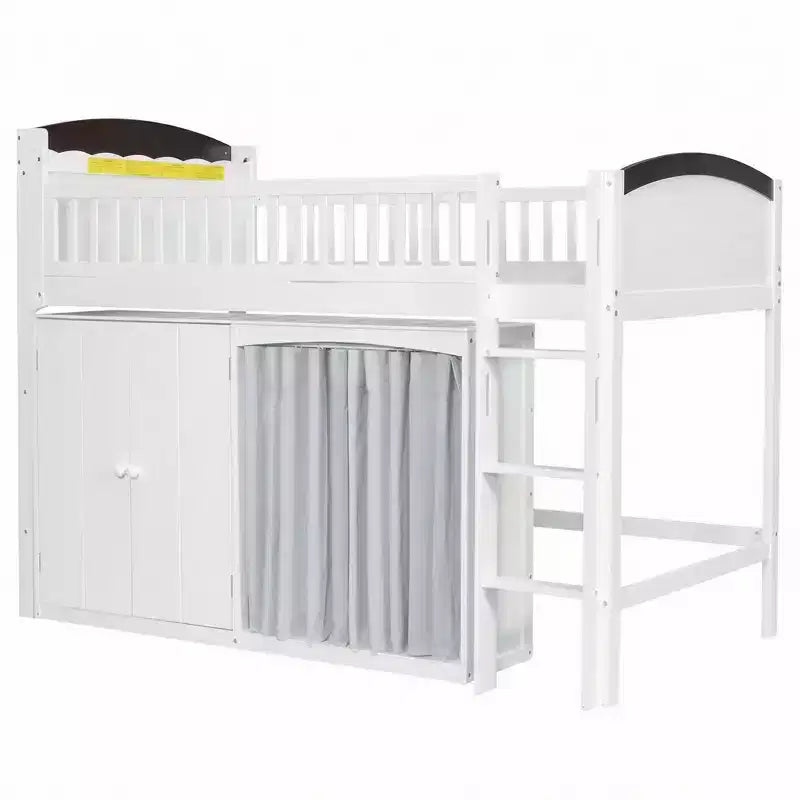 Lit mezzanine double/grand pour enfants avec armoire de rangement, armoire avec rideau et éclairage LED - ModernLuxe