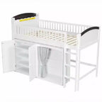 Lit mezzanine double/grand pour enfants avec armoire de rangement, armoire avec rideau et éclairage LED - ModernLuxe