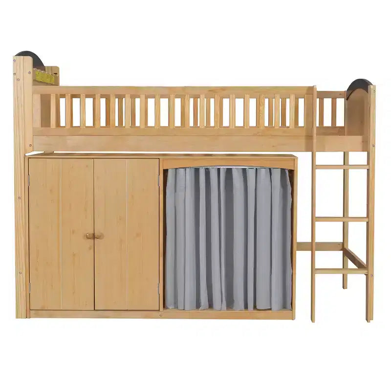 Lit mezzanine double/grand pour enfants avec armoire de rangement, armoire avec rideau et éclairage LED - ModernLuxe