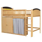 Lit mezzanine double/grand pour enfants avec armoire de rangement, armoire avec rideau et éclairage LED - ModernLuxe