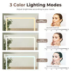 Coiffeuse de maquillage de 48" avec plateau en verre, grande coiffeuse moderne avec miroir 3 modes d'éclairage et 5 tiroirs
