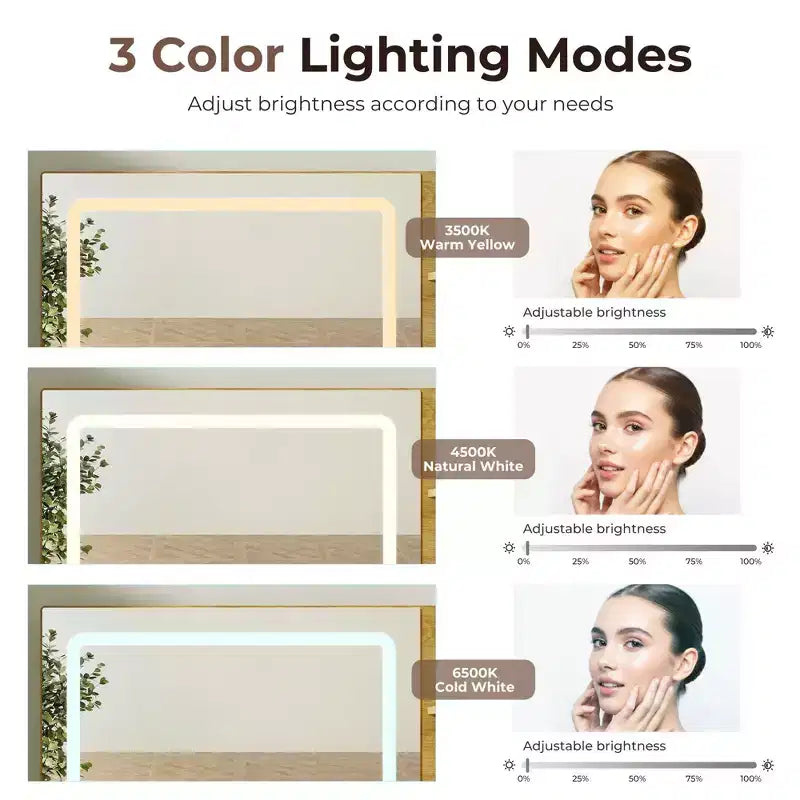 Coiffeuse de maquillage de 48" avec plateau en verre, grande coiffeuse moderne avec miroir 3 modes d'éclairage et 5 tiroirs