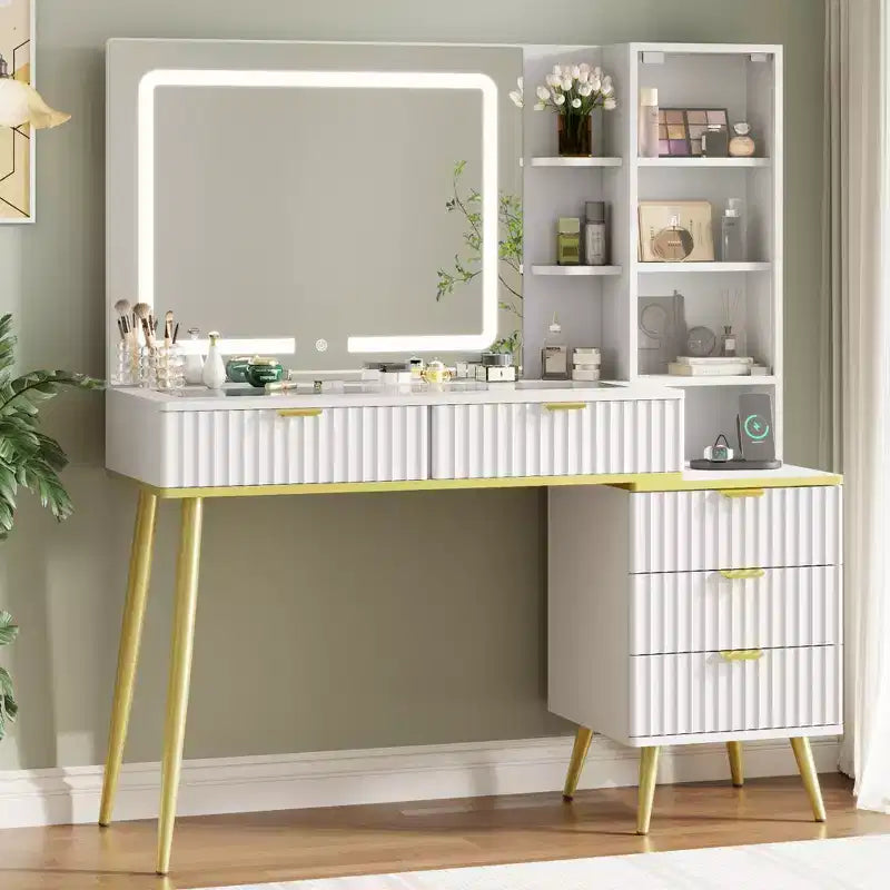 Coiffeuse de maquillage de 48" avec plateau en verre, grande coiffeuse moderne avec miroir 3 modes d'éclairage et 5 tiroirs