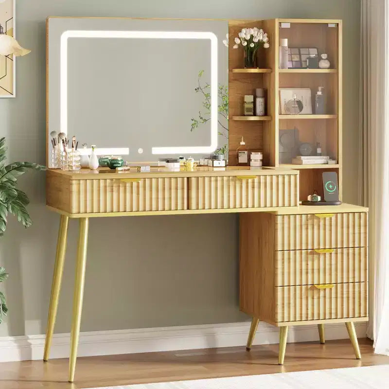 Coiffeuse de maquillage de 48" avec plateau en verre, grande coiffeuse moderne avec miroir 3 modes d'éclairage et 5 tiroirs