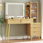 Coiffeuse de maquillage de 48" avec plateau en verre, grande coiffeuse moderne avec miroir 3 modes d'éclairage et 5 tiroirs