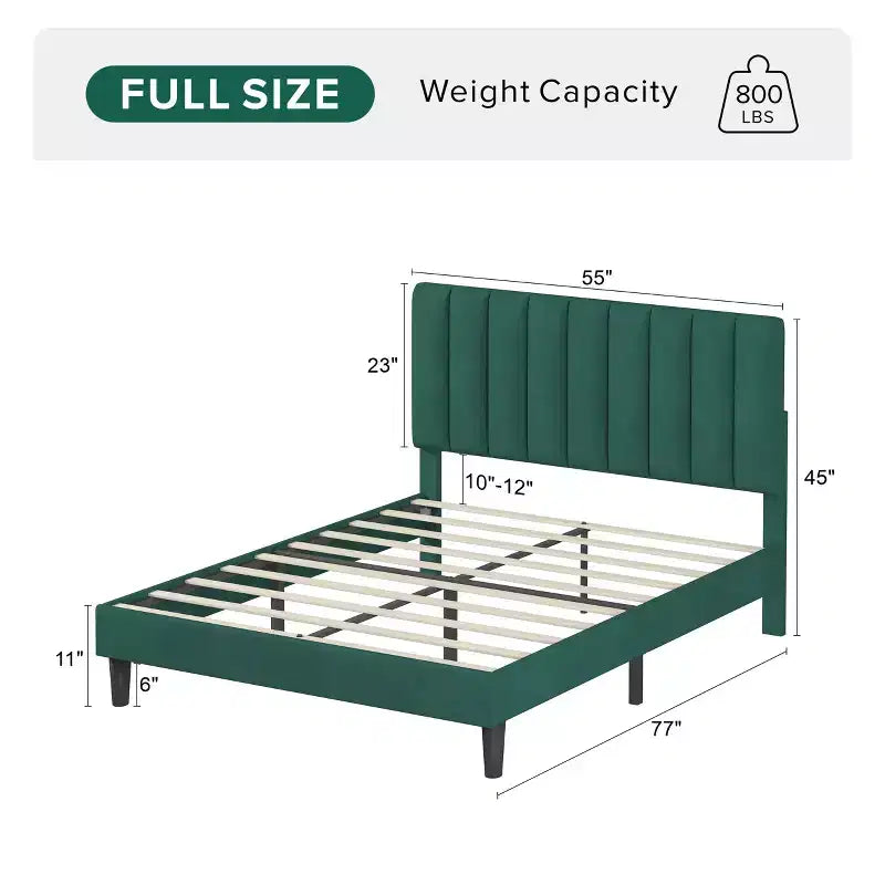 Lit rembourré élégant en velours Okak pour grand lit/très grand lit avec tête de lit réglable pour chambre principale, aucun sommier tapissier requis