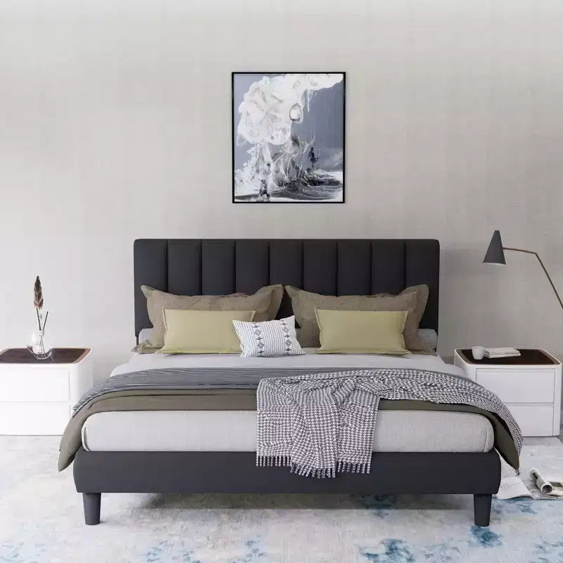 Lit rembourré élégant en velours Okak pour grand lit/très grand lit avec tête de lit réglable pour chambre principale, aucun sommier tapissier requis