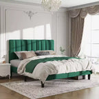 Lit rembourré élégant en velours Okak pour grand lit/très grand lit avec tête de lit réglable pour chambre principale, aucun sommier tapissier requis