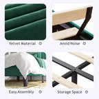 Lit rembourré élégant en velours Okak pour grand lit/très grand lit avec tête de lit réglable pour chambre principale, aucun sommier tapissier requis