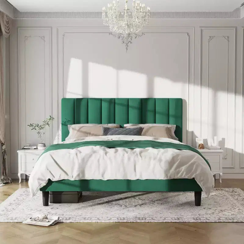 Lit rembourré élégant en velours Okak pour grand lit/très grand lit avec tête de lit réglable pour chambre principale, aucun sommier tapissier requis