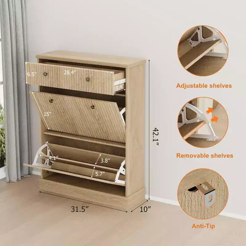 Meuble à chaussures cannelé 42 po avec 2 tiroirs à abattant - Organisateur de chaussures en bois à profil incurvé pour entrée et couloir