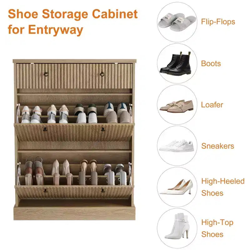 Meuble à chaussures cannelé 42 po avec 2 tiroirs à abattant - Organisateur de chaussures en bois à profil incurvé pour entrée et couloir