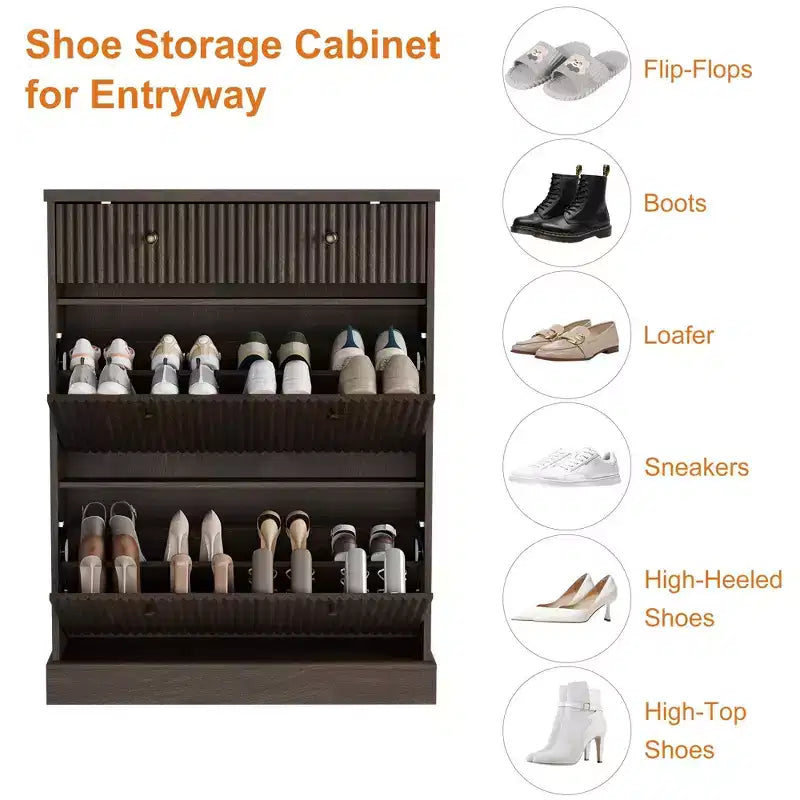 Meuble à chaussures cannelé 42 po avec 2 tiroirs à abattant - Organisateur de chaussures en bois à profil incurvé pour entrée et couloir