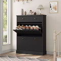 42 Fluted Shoe Cabinet with 2 Flip Drawers - Curved Profile Wooden Shoe Organizer for Entryway & Hallway